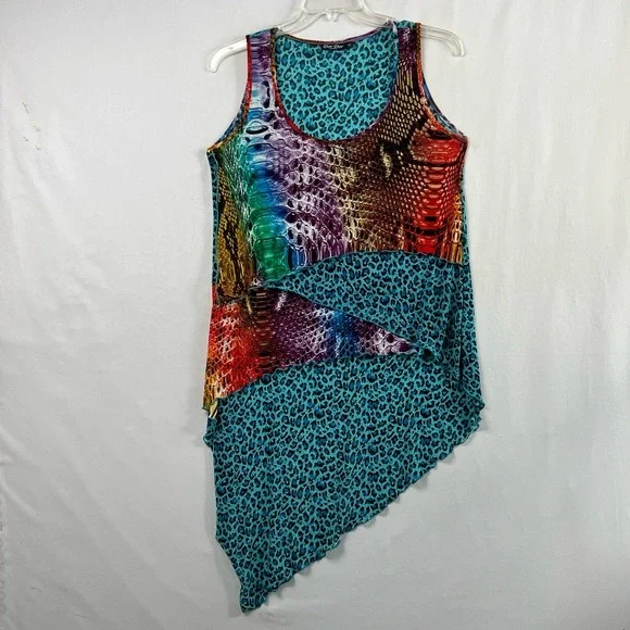 Dor Dor Tunic Tank Top Womens M Multicolor High Low Snake Leopard Boho - Picture 1 of 10